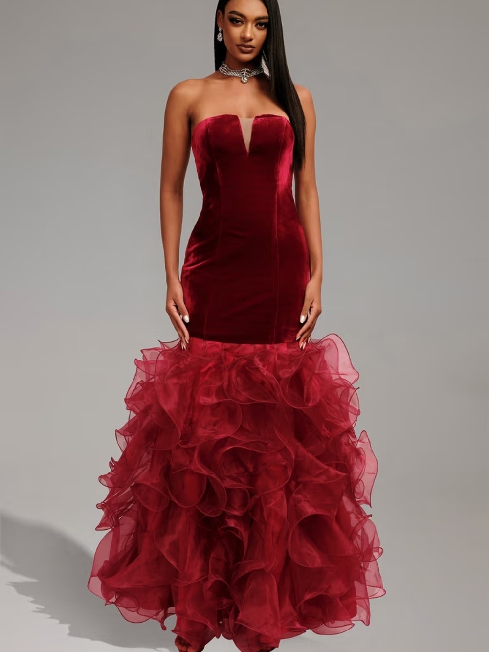 Strapless Burgundy, Velvet Mermaid Gown with Ruffle Skirt